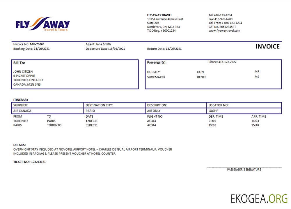 Facture de l'agence de voyage USA Fly Away